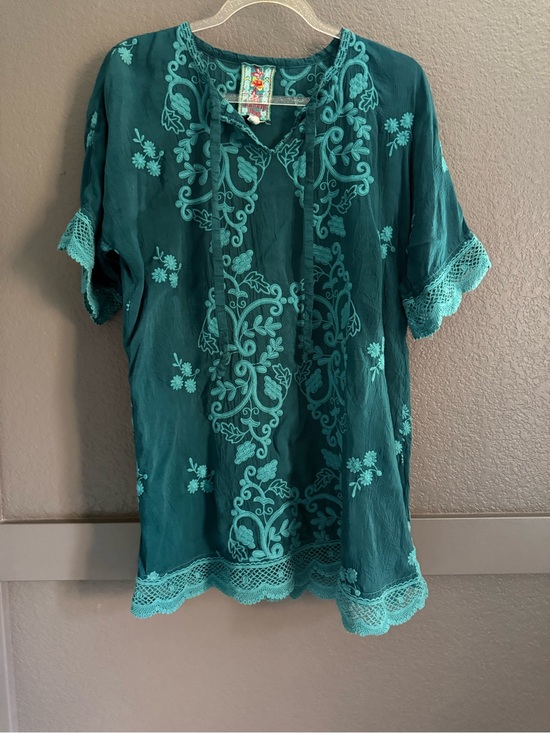Johnny Was Tops - JOHNNY WAS • Embroidered Teal emerald Bohemian Tunic Top - Small